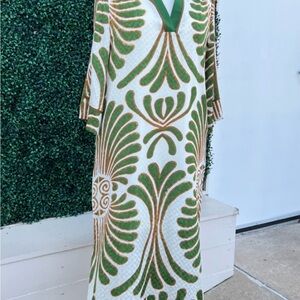 Elegant Green and Gold Palm Print Maxi Dress